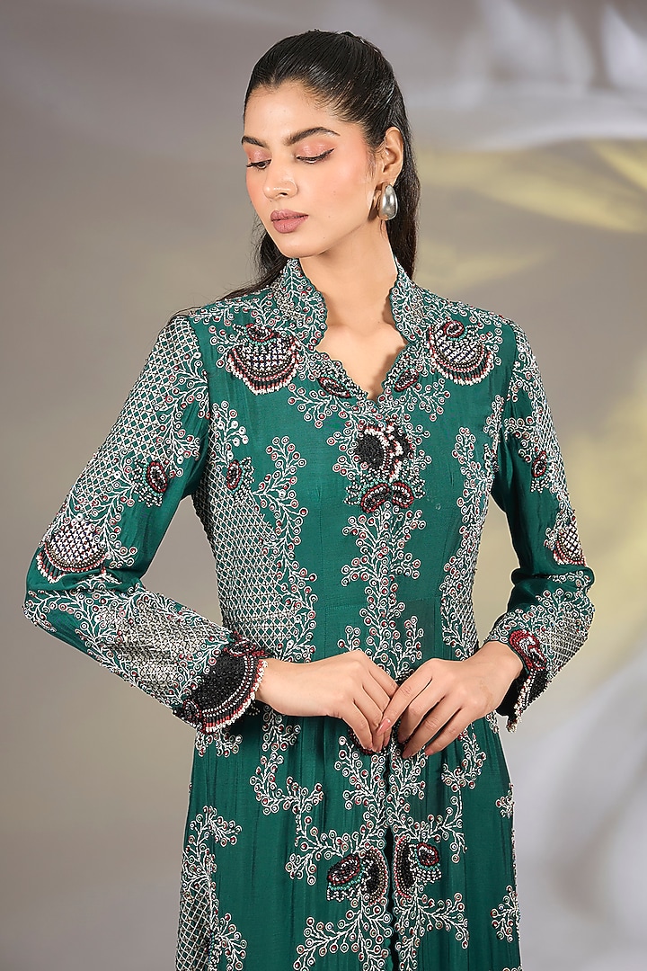 Teal Green Silk Hand Embroidered Jacket Set by Nupur Kanoi at Pernia's Pop Up Shop