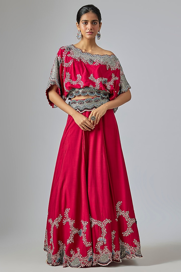 Burgundy Silk & Crepe Sequin Embroidered Bridal Lehenga Set by Nupur Kanoi at Pernia's Pop Up Shop