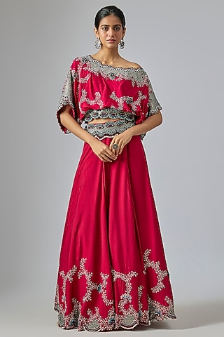 Burgundy Silk & Crepe Sequin Embroidered Lehenga Set by Nupur Kanoi