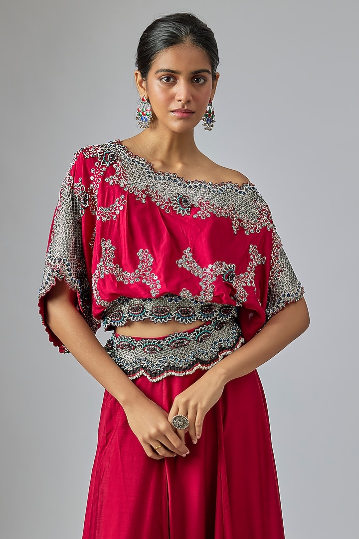 Burgundy Silk & Crepe Sequin Embroidered Bridal Lehenga Set by Nupur Kanoi at Pernia's Pop Up Shop