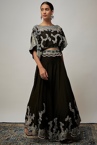 Black Silk & Crepe Hand Embroidered Sharara Set by Nupur Kanoi
