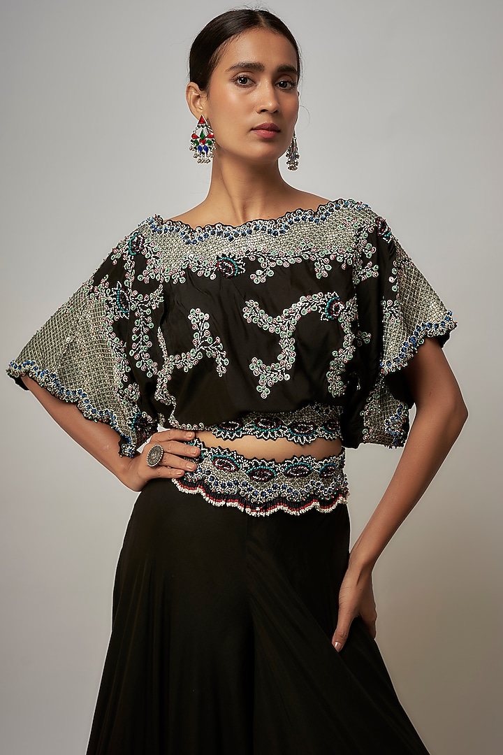 Black Silk & Crepe Hand Embroidered Bridal Sharara Set by Nupur Kanoi at Pernia's Pop Up Shop
