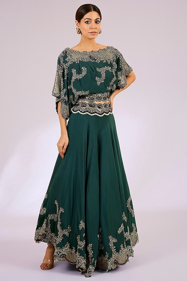 Teal Silk & Crepe Embroidered Sharara Set by Nupur Kanoi at Pernia's Pop Up Shop