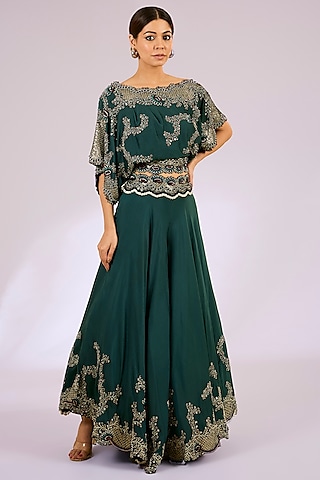 Teal Silk & Crepe Embroidered Sharara Set by Nupur Kanoi