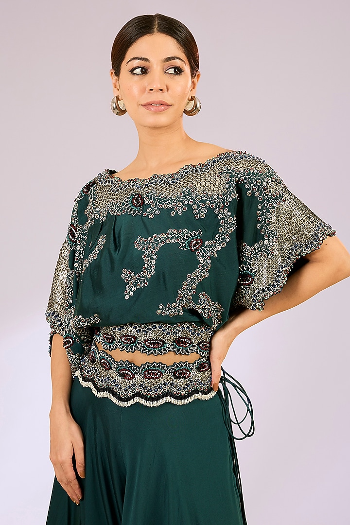 Teal Silk & Crepe Embroidered Bridal Sharara Set by Nupur Kanoi at Pernia's Pop Up Shop