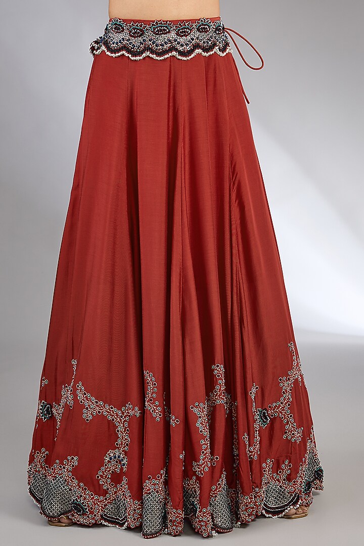 Rust Orange Silk Sequins Embroidered Bridal Lehenga Set by Nupur Kanoi at Pernia's Pop Up Shop