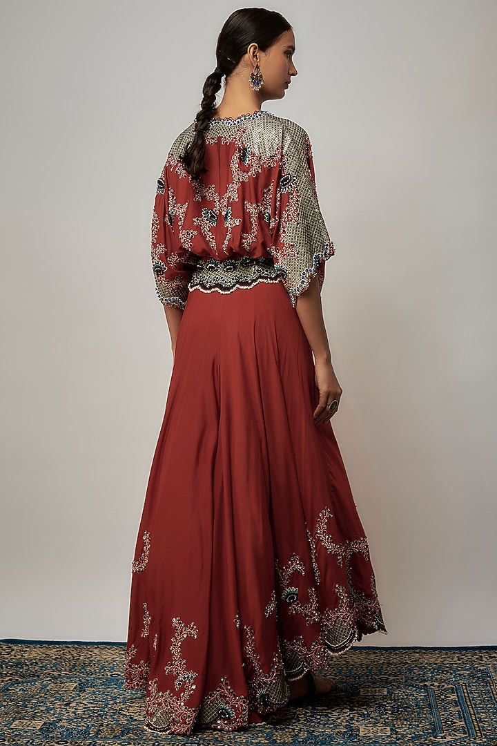 Rust Orange Silk & Crepe Hand Embroidered Bridal Sharara Set by Nupur Kanoi at Pernia's Pop Up Shop
