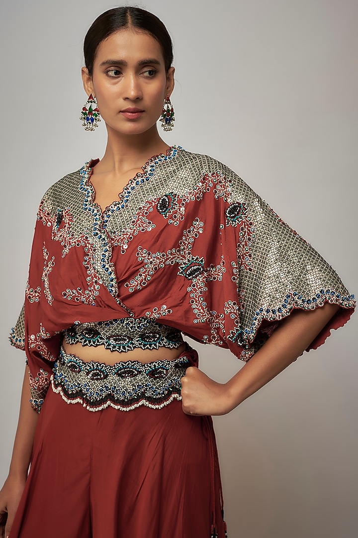 Rust Orange Silk & Crepe Hand Embroidered Bridal Sharara Set by Nupur Kanoi at Pernia's Pop Up Shop