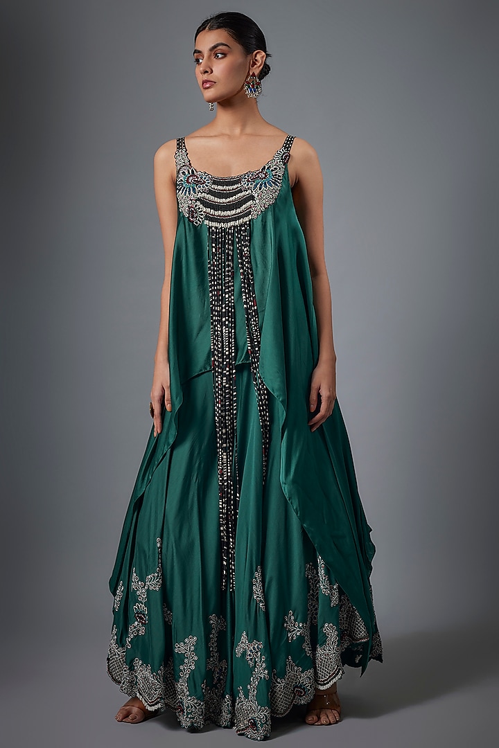 Teal Silk Hand Embroidered Sharara Set by Nupur Kanoi at Pernia's Pop Up Shop