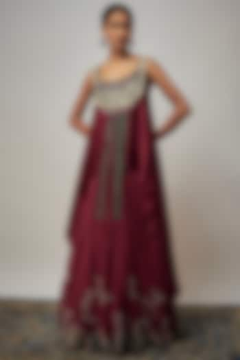 Burgundy Silk Hand Embroidered Wedding Lehenga Set by Nupur Kanoi at Pernia's Pop Up Shop