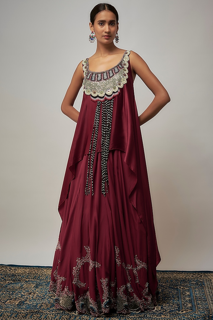 Burgundy Silk Hand Embroidered Wedding Lehenga Set by Nupur Kanoi at Pernia's Pop Up Shop