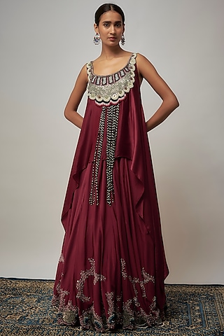 Burgundy Silk Hand Embroidered Lehenga Set by Nupur Kanoi