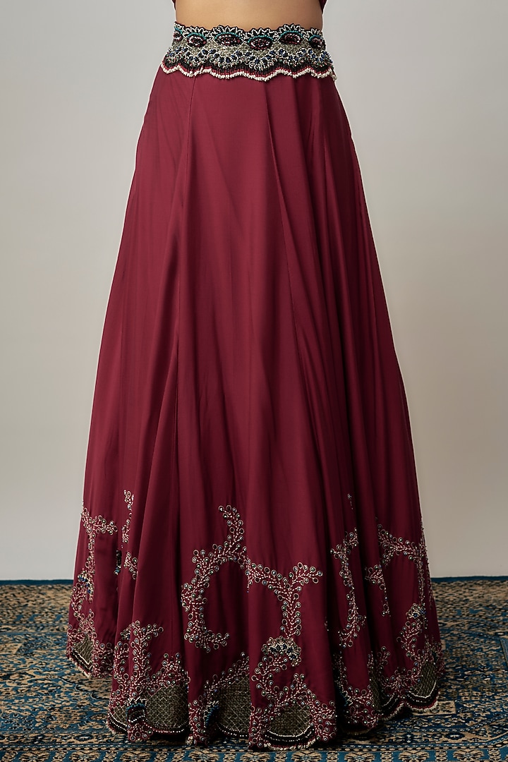 Burgundy Silk Hand Embroidered Wedding Lehenga Set by Nupur Kanoi at Pernia's Pop Up Shop