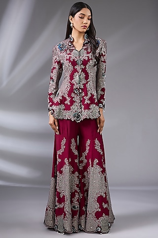 Burgundy Silk Hand Embroidered Gharara Set by Nupur Kanoi