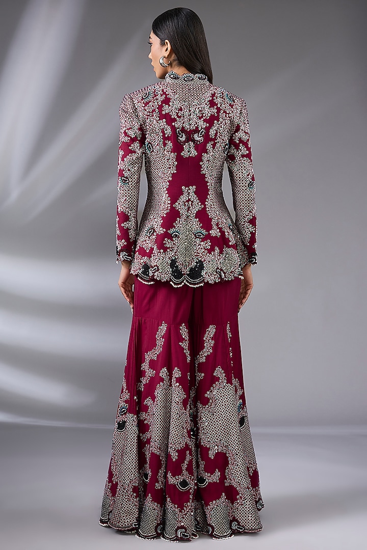 Burgundy Silk Hand Embroidered Gharara Set by Nupur Kanoi at Pernia's Pop Up Shop