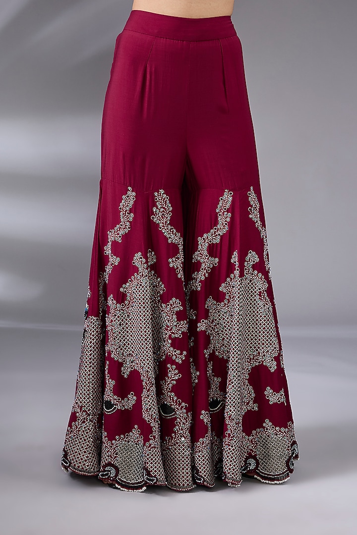 Burgundy Silk Hand Embroidered Gharara Set by Nupur Kanoi at Pernia's Pop Up Shop