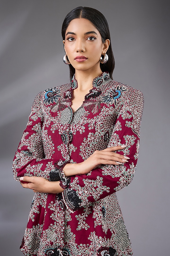 Burgundy Silk Hand Embroidered Gharara Set by Nupur Kanoi at Pernia's Pop Up Shop