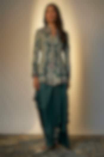 Teal Silk & Crepe Hand Embroidered Peplum Jacket Set by Nupur Kanoi at Pernia's Pop Up Shop