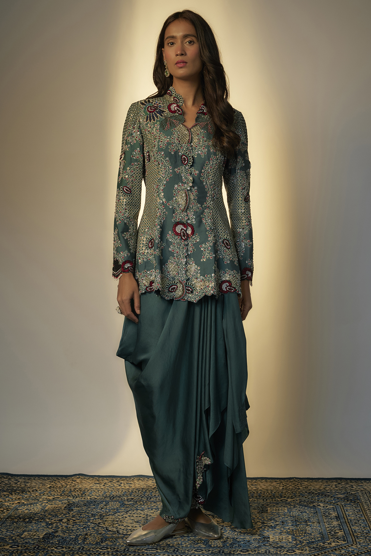Teal Silk & Crepe Hand Embroidered Peplum Jacket Set by Nupur Kanoi at Pernia's Pop Up Shop