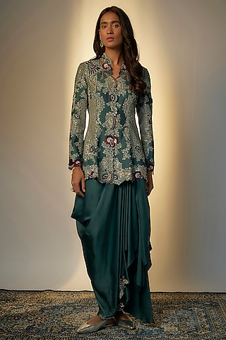 Teal Silk & Crepe Hand Embroidered Peplum Jacket Set by Nupur Kanoi
