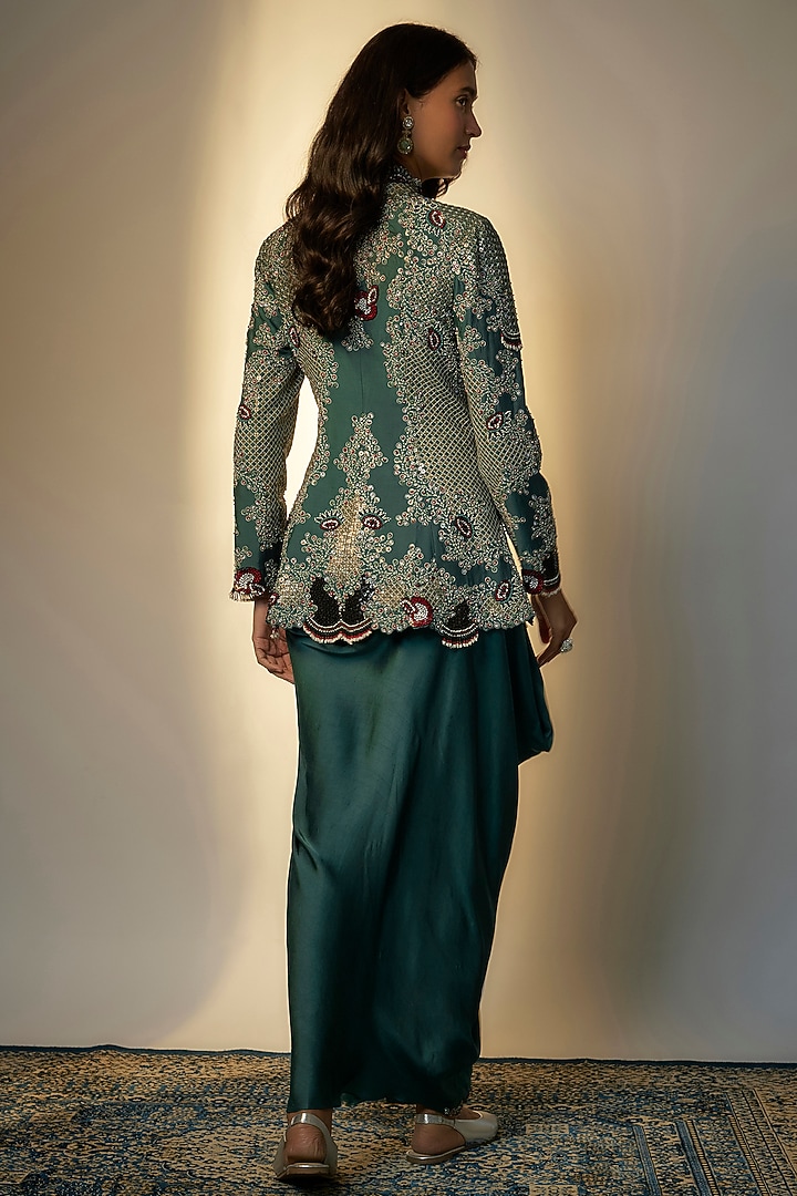 Teal Silk & Crepe Hand Embroidered Peplum Jacket Set by Nupur Kanoi at Pernia's Pop Up Shop