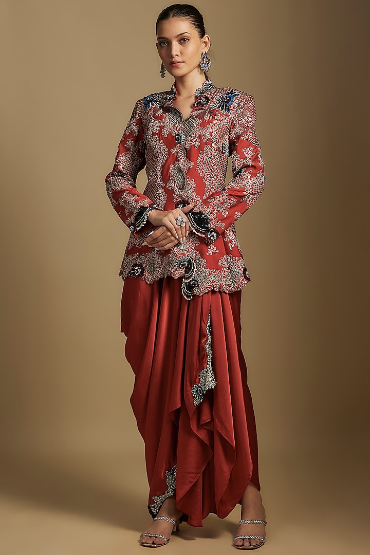 Rust Orange Silk & Crepe Hand Embroidered Jacket Set by Nupur Kanoi at Pernia's Pop Up Shop