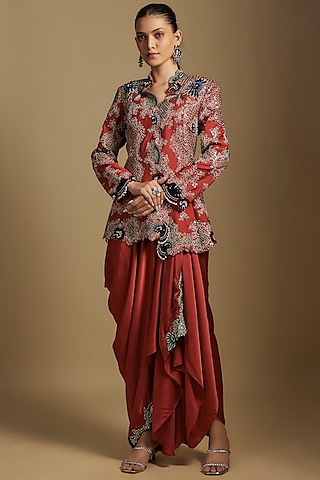 Rust Orange Silk & Crepe Hand Embroidered Jacket Set by Nupur Kanoi