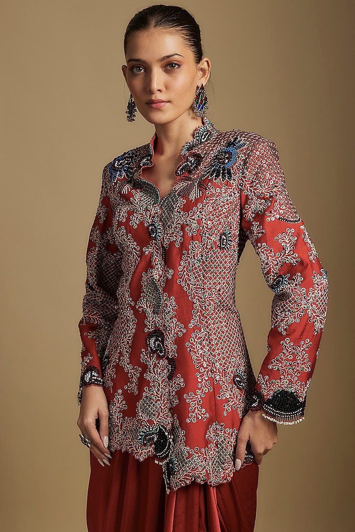 Rust Orange Silk & Crepe Hand Embroidered Jacket Set by Nupur Kanoi at Pernia's Pop Up Shop