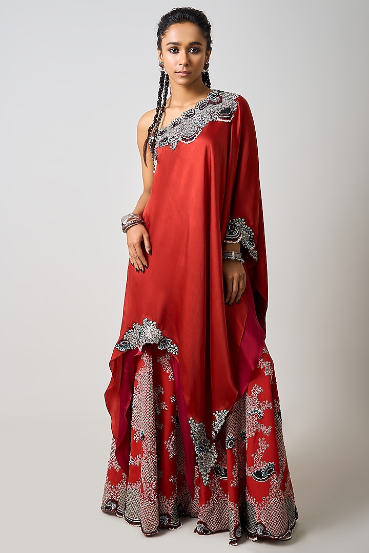 Rust Orange Crepe Hand Embroidered Double-Layered Cape Set by Nupur Kanoi at Pernia's Pop Up Shop