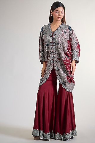 Maroon Silk & Crepe Hand Embroidered Gharara Set by Nupur Kanoi