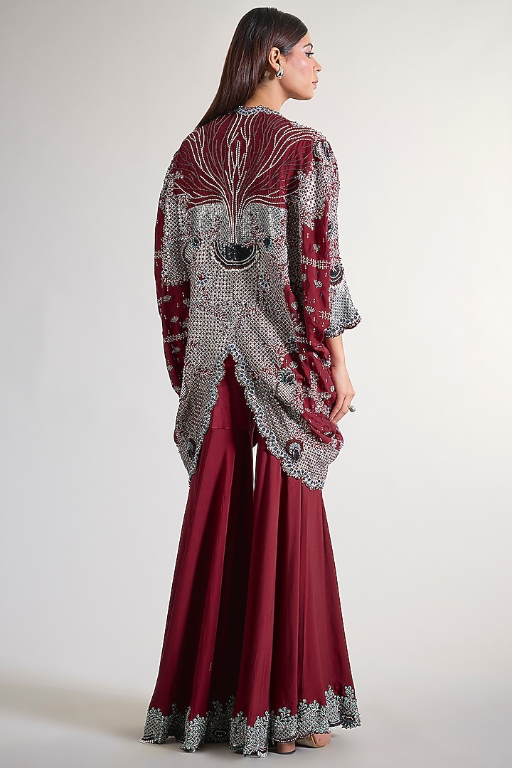 Maroon Silk & Crepe Hand Embroidered Gharara Set by Nupur Kanoi at Pernia's Pop Up Shop