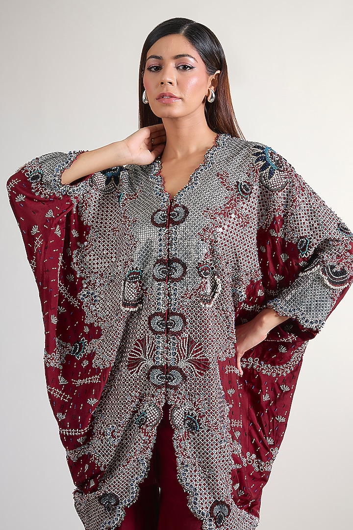 Maroon Silk & Crepe Hand Embroidered Gharara Set by Nupur Kanoi at Pernia's Pop Up Shop