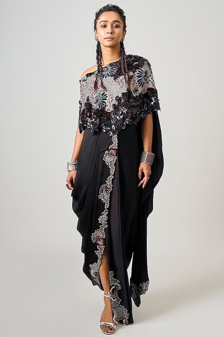 Black Crepe & Satin Hand Embroidered Saree Skirt Set by Nupur Kanoi at Pernia's Pop Up Shop