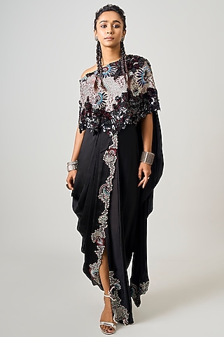 Black Crepe & Satin Hand Embroidered Saree Skirt Set by Nupur Kanoi