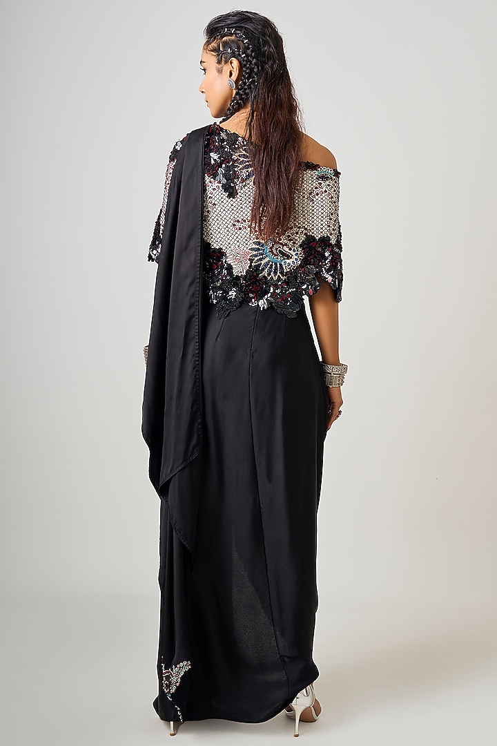 Black Crepe & Satin Hand Embroidered Reception Saree Skirt Set by Nupur Kanoi at Pernia's Pop Up Shop