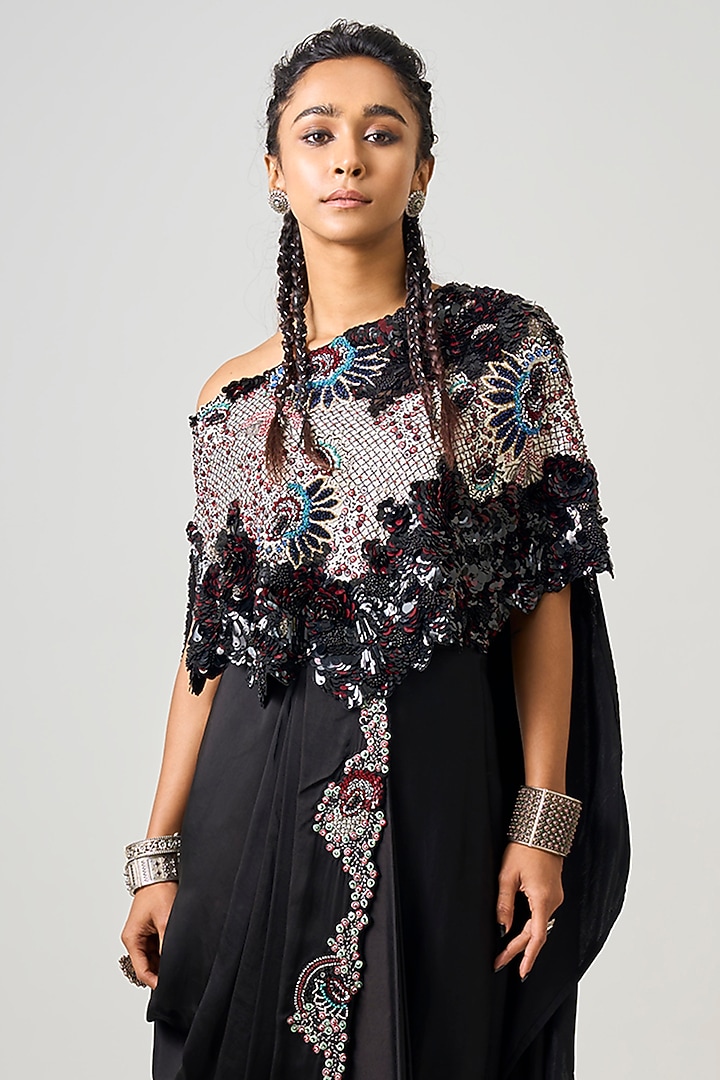 Black Crepe & Satin Hand Embroidered Reception Saree Skirt Set by Nupur Kanoi at Pernia's Pop Up Shop