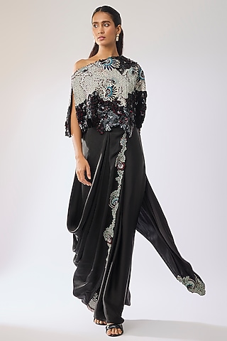 Black Satin & Silk Hand Embroidered Skirt Saree Set by Nupur Kanoi