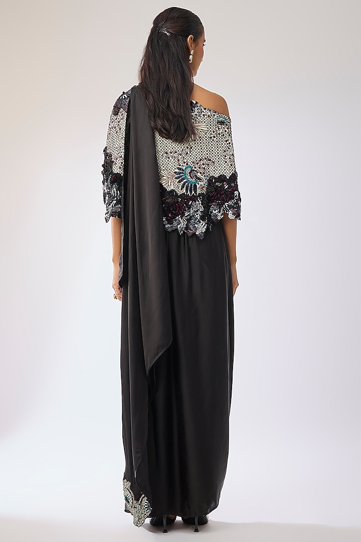 Black Satin & Silk Hand Embroidered Skirt Reception Saree Set by Nupur Kanoi at Pernia's Pop Up Shop