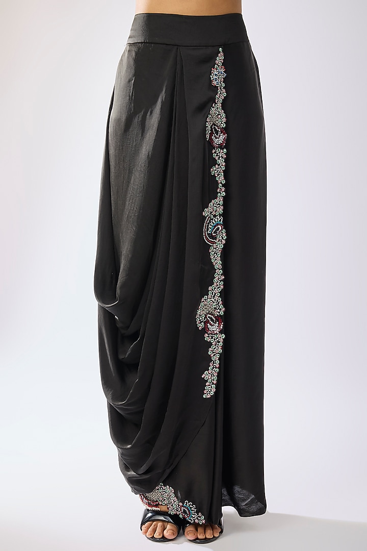 Black Satin & Silk Hand Embroidered Skirt Reception Saree Set by Nupur Kanoi at Pernia's Pop Up Shop
