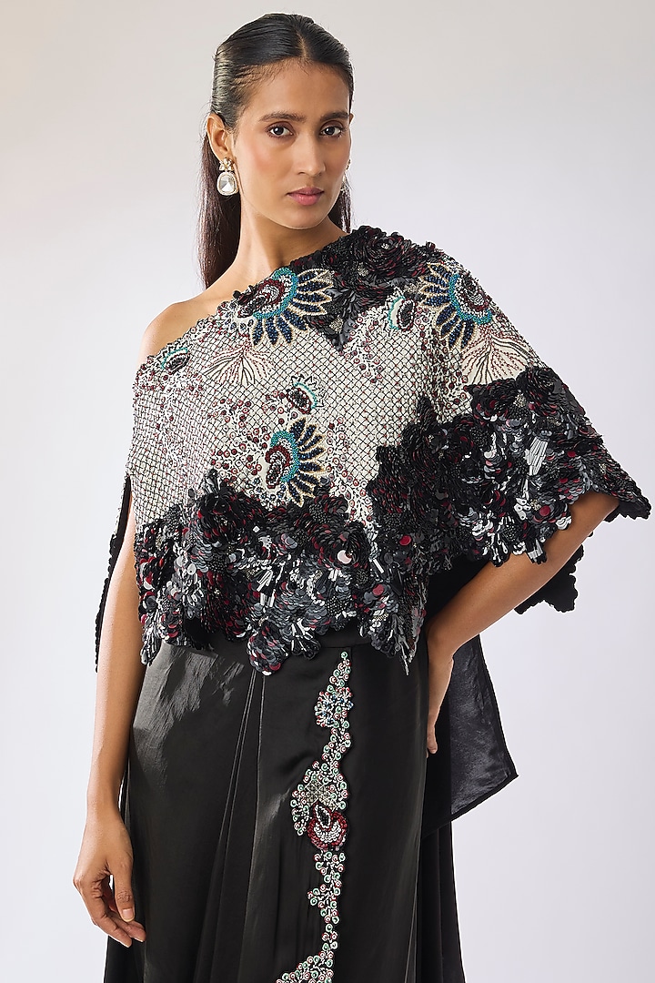 Black Satin & Silk Hand Embroidered Skirt Reception Saree Set by Nupur Kanoi at Pernia's Pop Up Shop