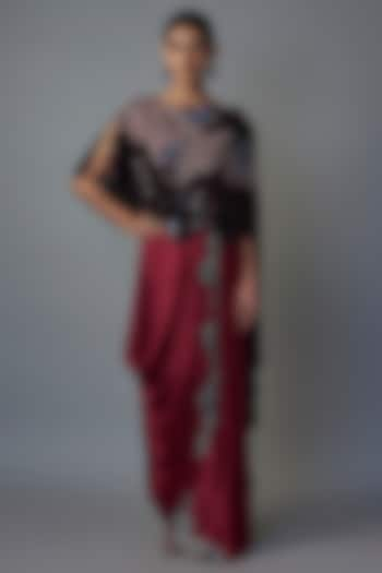 Burgundy Satin Saree Skirt Set by Nupur Kanoi at Pernia's Pop Up Shop