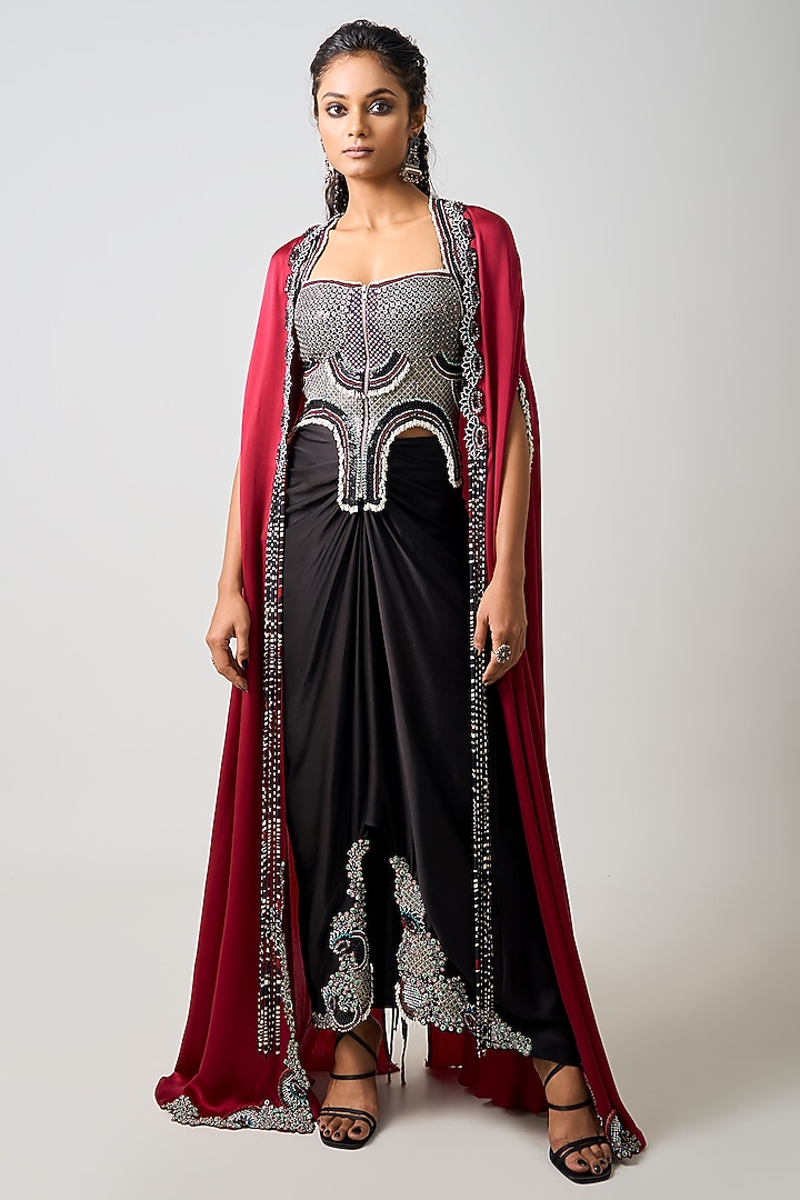 Black Crepe & Satin Pick-Up Skirt Set by Nupur Kanoi at Pernia's Pop Up Shop