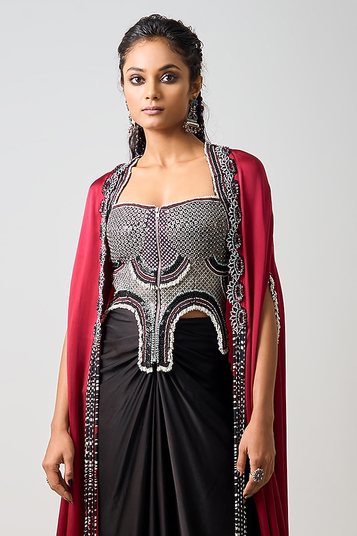Black Crepe & Satin Pick-Up Skirt Set by Nupur Kanoi at Pernia's Pop Up Shop
