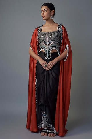 Orange Satin Slit Cape Set by Nupur Kanoi