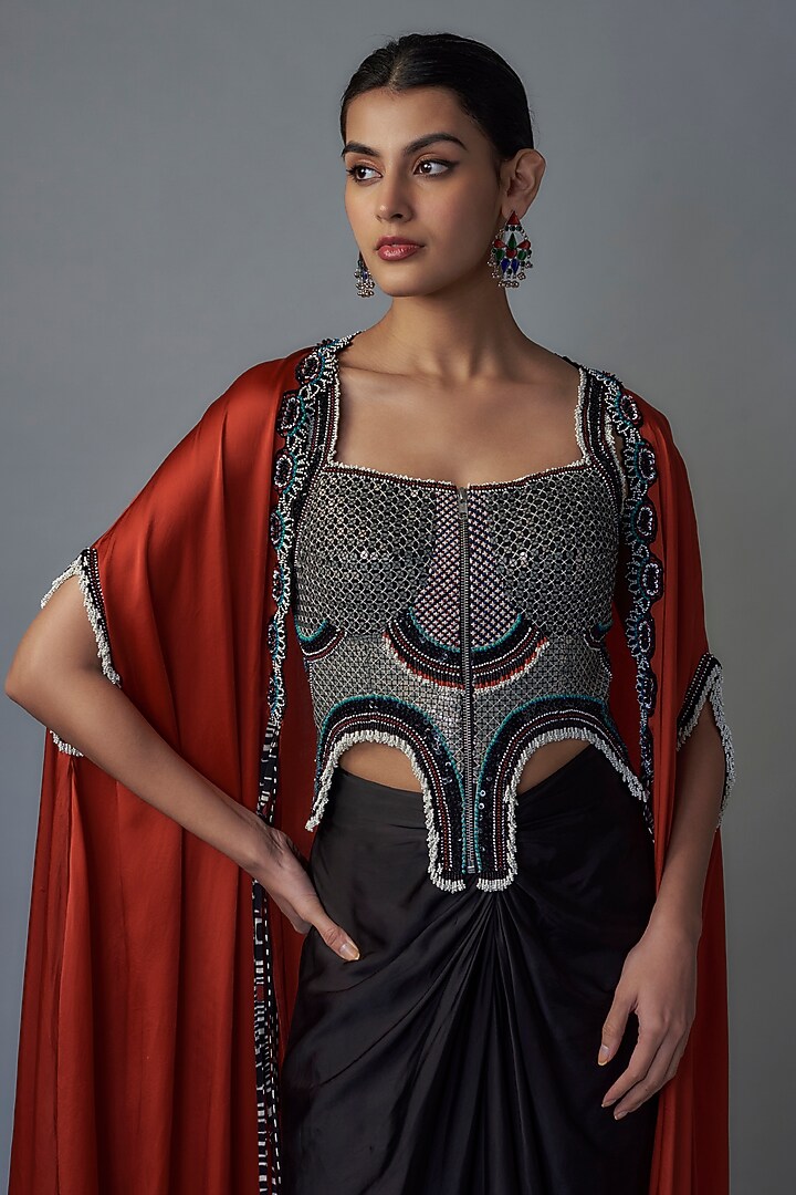 Orange Satin Slit Cape Set by Nupur Kanoi at Pernia's Pop Up Shop