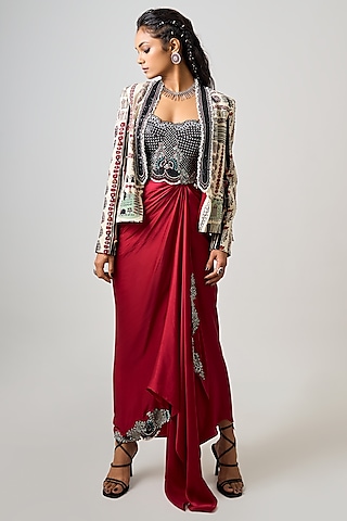 Burgundy Satin Hand Embroidered Blazer Dress by Nupur Kanoi