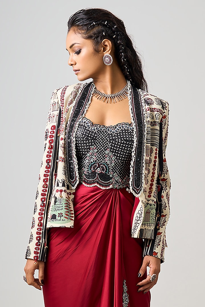 Burgundy Satin Hand Embroidered Blazer Party Wear Dress by Nupur Kanoi at Pernia's Pop Up Shop