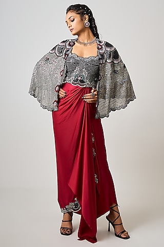 Burgundy Satin Hand Embroidered Blazer Dress by Nupur Kanoi