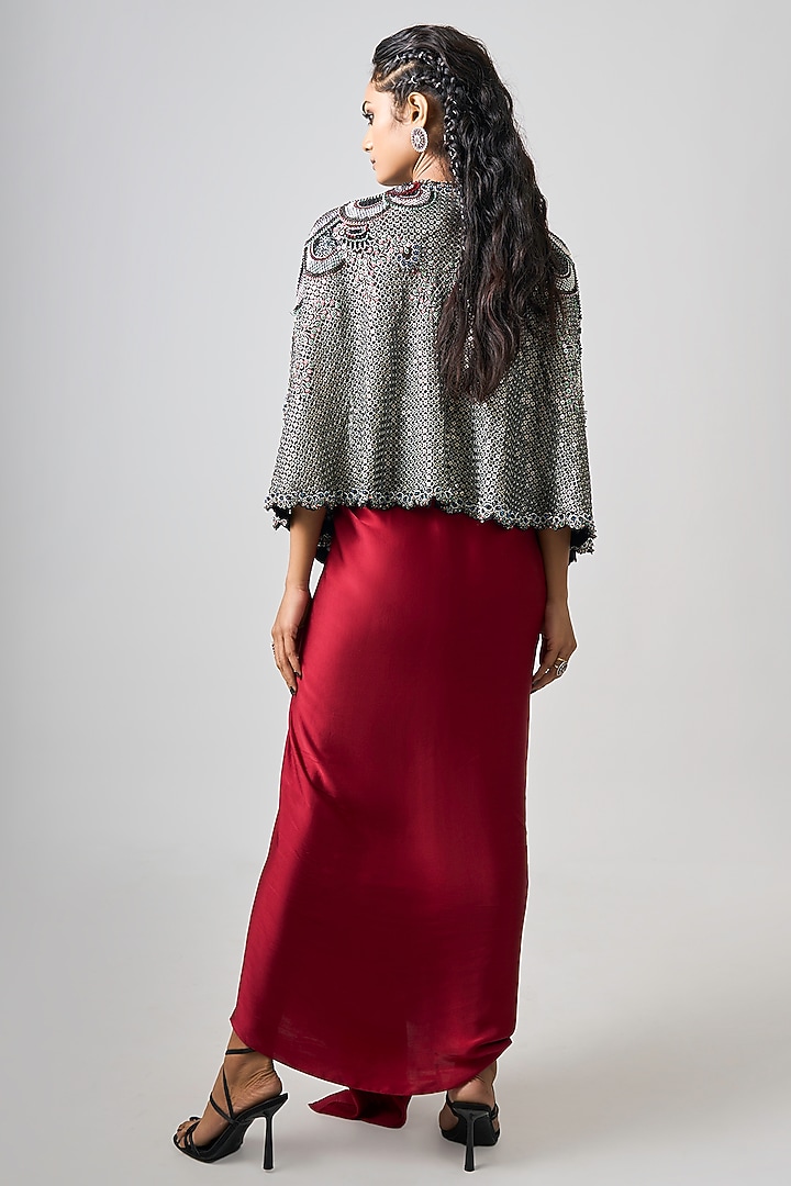 Burgundy Satin Hand Embroidered Blazer Party Wear Dress by Nupur Kanoi at Pernia's Pop Up Shop