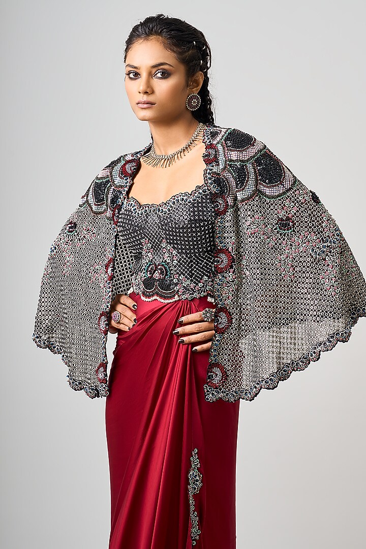 Burgundy Satin Hand Embroidered Blazer Party Wear Dress by Nupur Kanoi at Pernia's Pop Up Shop